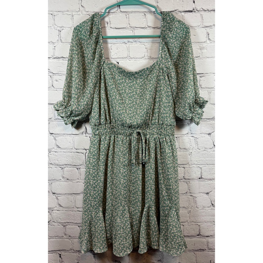 Mi Ami Floral Mini Dress Green Cottagecore Square Neck Puff‎ Sleeve S